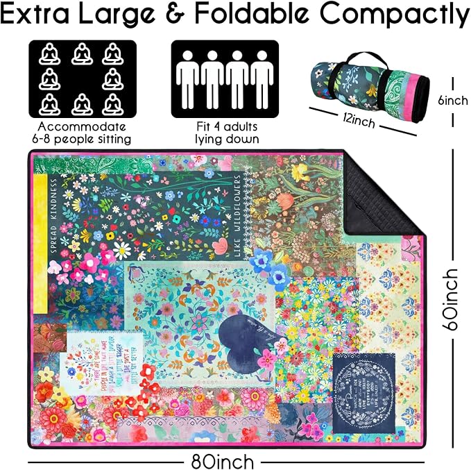 Picnic Blankets Waterproof Foldable Extra Large,80"x 60" Outdoor Beach Blanket Waterproof Sandproof,3-Layer Lightweight Handy Mat Tote Picnic Camping Rugs for Outside Your Rv(Boho Flowers)