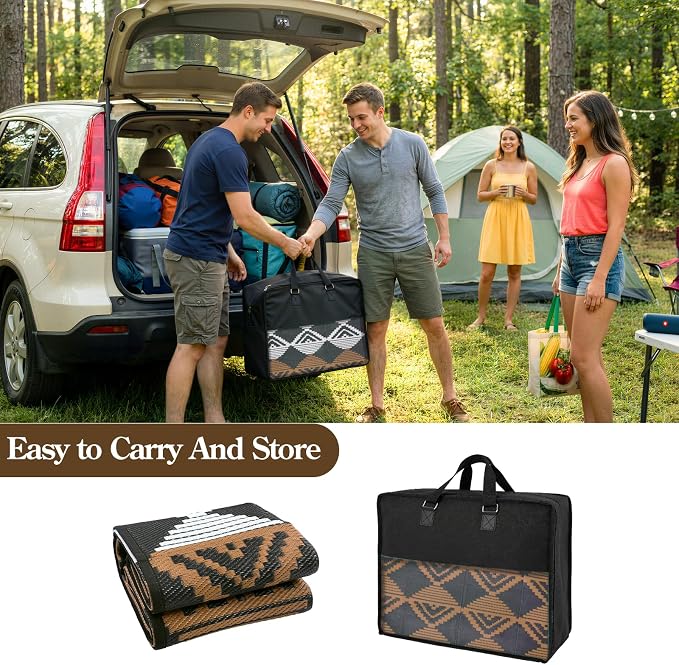 Beeiva Outdoor Rug 8x10 Waterproof for Patio, Reversible Outdoor Patio Rug for Deck, Backyard, RV Camping, Plastic Straw Rug Black Brown