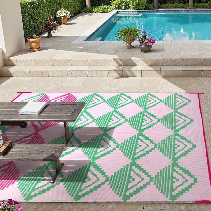 Lahome Waterproof Outdoor Rug 8x10, Reversible Outdoor Plastic Straw Rug for Patios, Outside RV Mat Carpet for Deck Porch Backyard Balcony Picnic Trailer (Pink/Green, 8' x 10')
