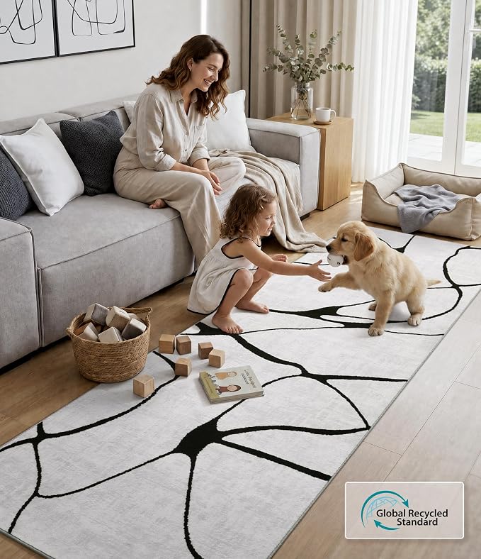 2x6 Washable Modern Black White Kitchen Runner Rug | Ultra-Thin Low Pile, Non-Slip TPE Backing, Soft Stain Resistant, Machine Washable, for Bedroom Livingroom High Traffic