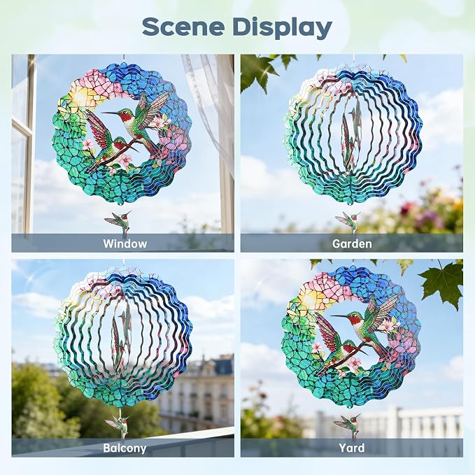 Hummingbird Wind Spinners Outdoor, IDEA SHOW 12In Mental Wind Spinners, 3D Kinetic Hanging Spinners Sculpture, Hummingbird Gift for Women Mom, Garden Decor Ornaments for Patio Yard Art