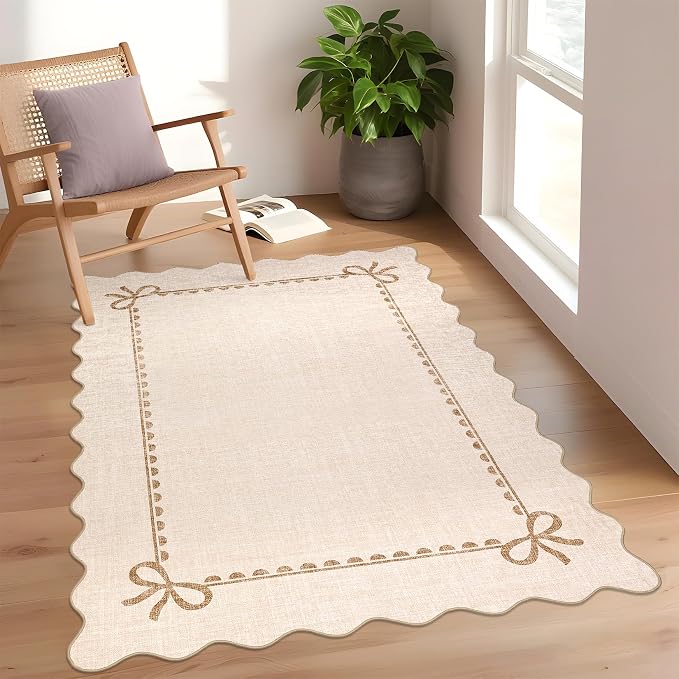 GarveeHome Scalloped Bow Rug 4x6 Washable Beige Rug for Bedroom Living Room | Non Slip Soft Low Pile Indoor Carpet for Nursery Girls Bedroom Decor Hallway Kids Room College Dorm Playroom