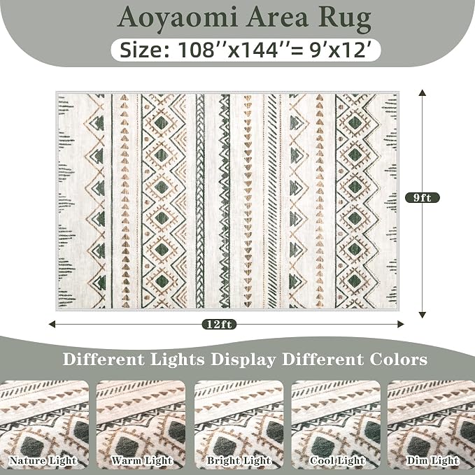 Area Rug for Living Room 9x12: Large Washable Boho Moroccan Rugs Geometric Neutral Rug, Non-Slip Foldable Morden Farmhouse Indoor Floor Carpet for Bedroom Dining Table Home(Brown Green,9'x12')