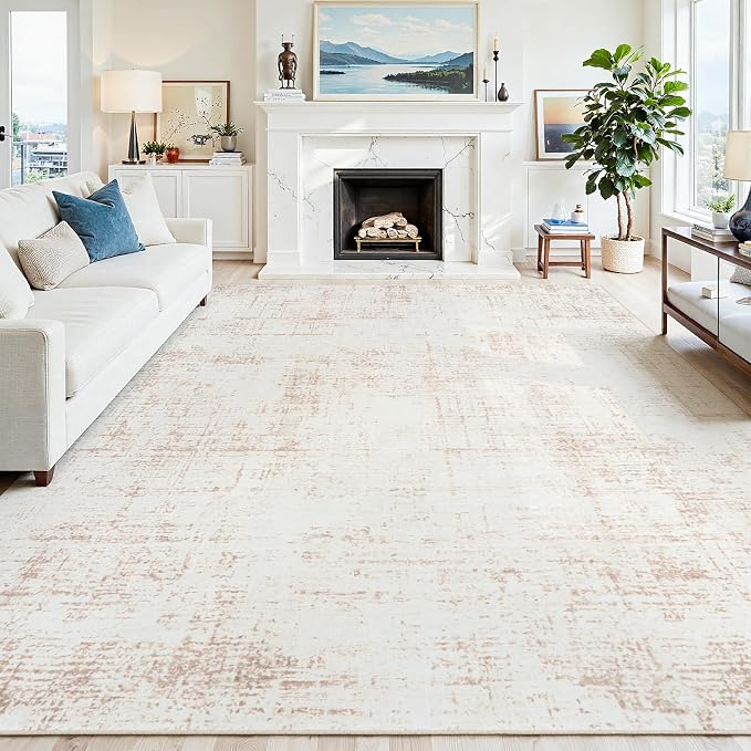 9x12 Washable Area Rug for Living Room Bedroom: Non-Slip Modern Beige White | Machine Washable TPR Backing, Stain-Resistant Low Pile, Pet & Kid Friendly, Abstract Decor for Dining Room, Dorm, Home Office