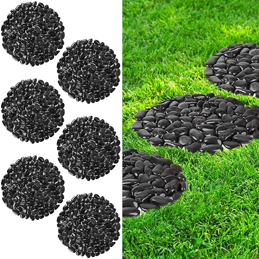 River Rock Stepping Stones Outdoor for Garden Walkway, 12 inch Diameter 6 Pcs Round Shape Paver Step Stones Polished Pebble River Stone Mat for Yard Lawn Patio Pathway Walk Way - Black