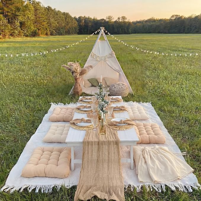 Extra Large Outdoor Picnic Blanket with Table Runner and Floor Pillow Cushion for Picnic Wedding Birthday Baby Shower Backyard Decor (91 x 71'',Brownish Beige,Light Camel, Light Beige,8 Pcs)