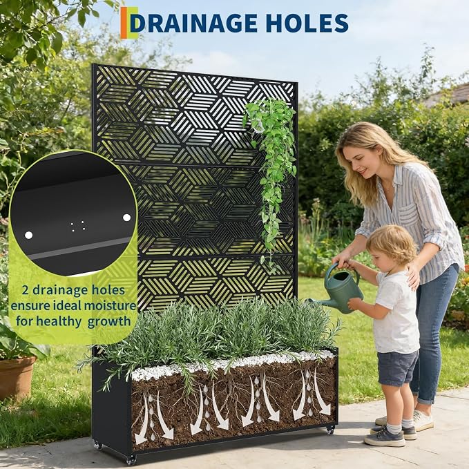 GarveeLife Metal Planter Box with Trellis and Wheels, 71"x47"x16" Raised Garden Bed for Climbing Plants, Vegetables, Vines, Privacy Planters for Patio with Drainage Holes, 15.7" Deep Planting Bed