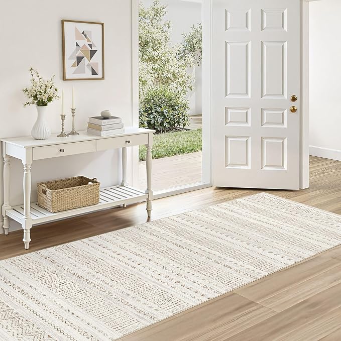 cotiled Hallway 2.6x8 Runner Rugs Washable Boho Rug Brown/Cream | Stain Resistan Indoor Carpet for Entryway Kitchen Laundry Room Bedroom