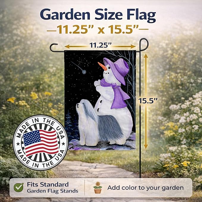 Caroline's Treasures SS8947GF Snowman with Bearded Collie Garden Flag Mailbox Flag Decorative Yard Flag Banner Outside Patio Artwork Yard Flower Beds, Garden Size, Multicolor