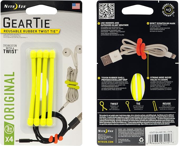 Nite Ize GT3-4PK-33 Original Gear Tie, Reusable Rubber Twist Tie, 3-Inch, Neon Yellow, 20 Pack, Made in the USA