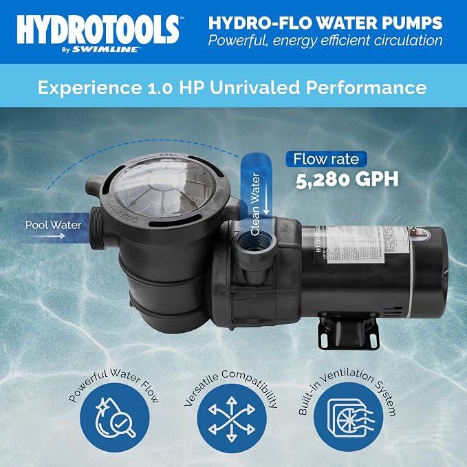 SWIMLINE HYDROTOOLS Above-Ground Pool Motor Pump, Hydro-Flo 1 HP w/ 5280 GPH, Vertical | Above-ground Pool Pump, 1.0 HP, 5, 280 GPH, Vertical Discharge, Strainer Basket, 115V, Single-speed, Quiet, DOE-certified