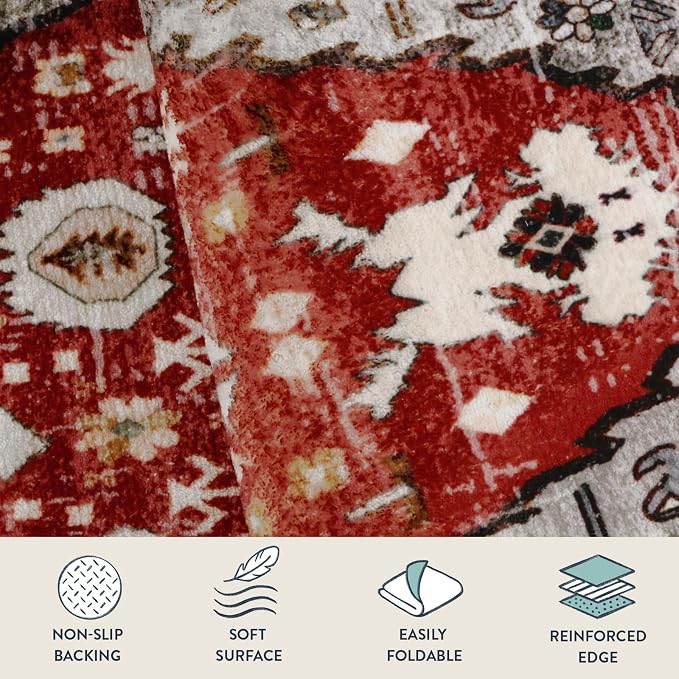 Lahome Felice Boho Tribal Runner Rug - 2x6 Red Rug Runners for Hallways 6 feet Non Slip Kitchen Sink Mat, Soft Non Skid Washable Bathroom Carpet Runner for Front Hall Entryway Laundry Room