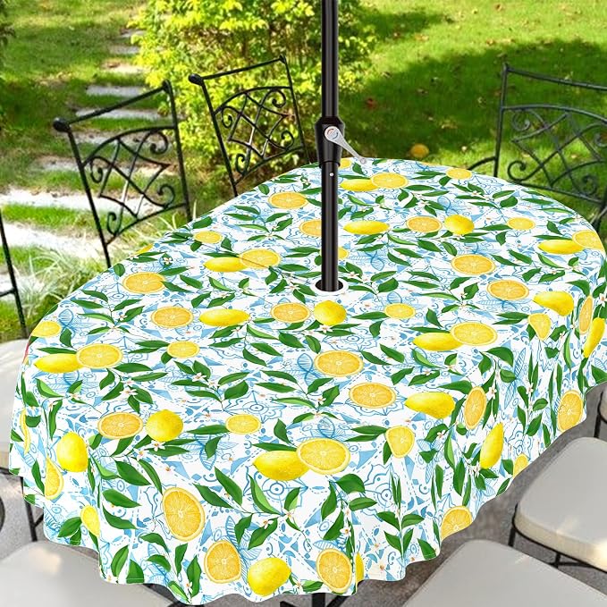 Outdoor Tablecloth with Umbrella Hole and Zipper, Oval Patio Table Covers for Spring/Summer, Machine Washable Outdoor Picnic Table Cloth (Lemon, 60" × 84" Oval)