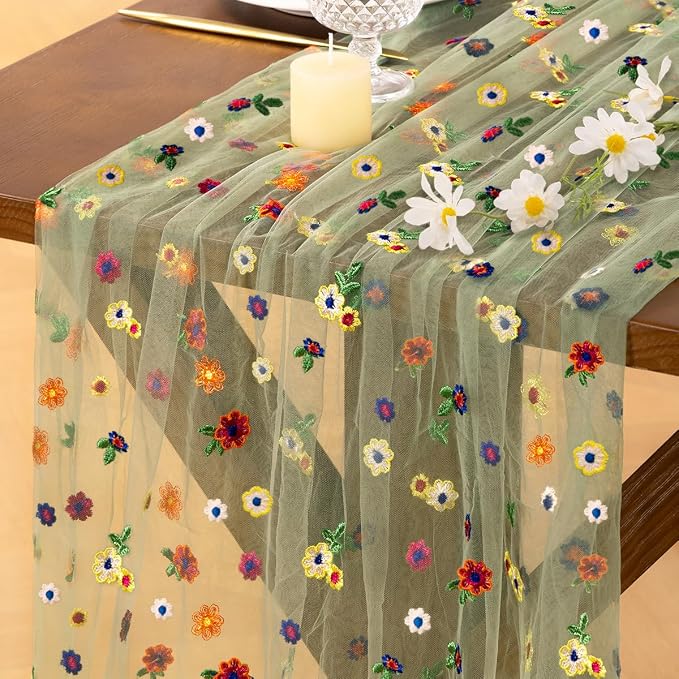 Socomi Flower Table Runner Summer Daisy Floral Tulle Gauze Cheesecloth Embroidery Table Runners for Tea Party Garden Wedding Bridal Baby Shower Birthday Picnic Decor Sage 3pcs