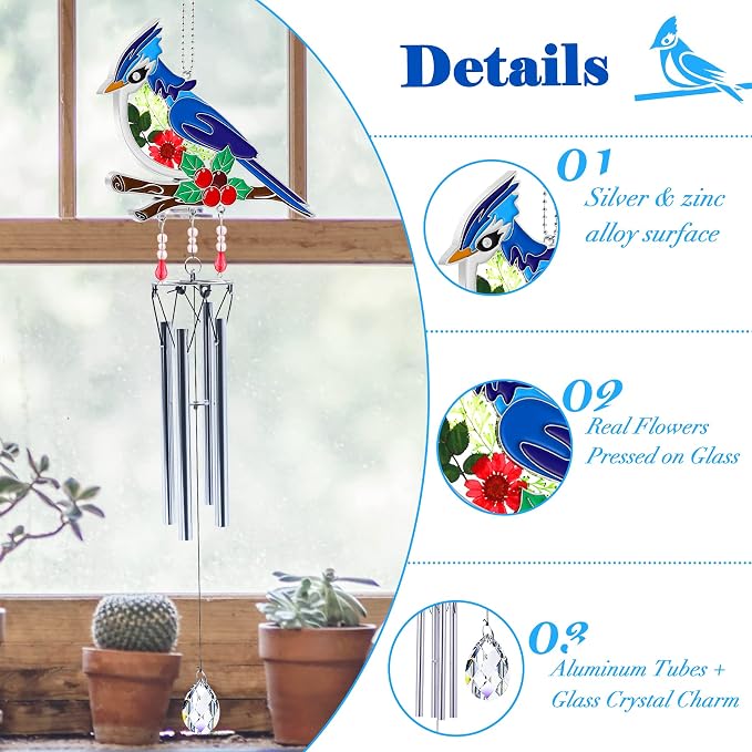 KY&BOSAM Blue Bird Wind Chime with Crystal Sympathy Wind Spinner Memorial Wind Chimes for Loss of Loved One Bereavement Gift in Memory Memorial Gifts for Loss of Mother Father Husband Condolences Gift