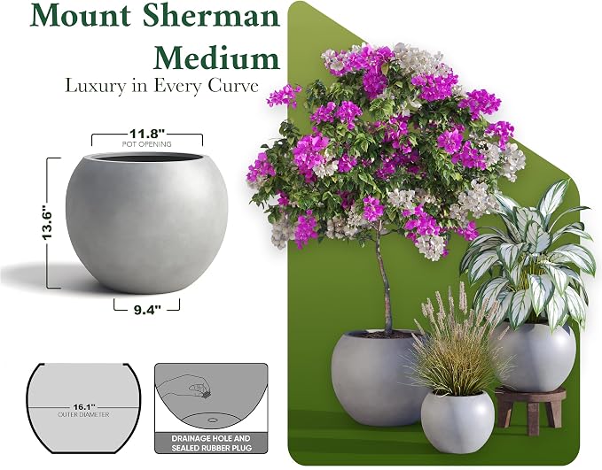 DTY Premium Mt Sherman Fiberstone Sphere Planter for Indoor Outdoor Use, Round Pot for Olive Tree, Lightweight, Smooth Finishes. 2 Extra Coco Mats. Gray, Medium 16.1'' D x 13.6'' H. 11.8” Pot Opening