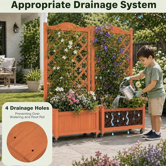 2 Pack Trellis Raised Garden Bed with Wheels, 50" Tall Wooden Planter Box with Trellis, Lattice Privacy Screen with Drainage Holes for Patio Balcony Garden