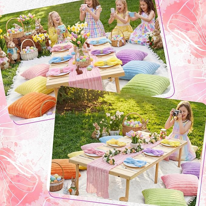 Beeveer 14 Pack Picnic Kit 91x71 Extra Large Outdoor Boho Picnic Blanket with Pastel Table Runner, 6 Throw Pillow Covers 6 Napkin Woven Cotton Yarn Oversize Washable Beach Blanket for Camp Wedding