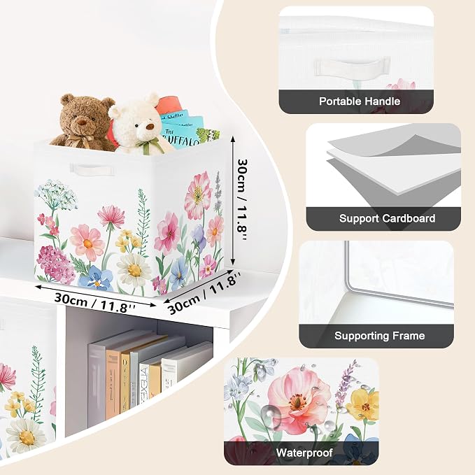 Clastyle Flowers Storage Cube Organizer Set Handle Closet Clothes Cube with Metal Frame Foldable Parents Organizer Storage Basket for Book Toy,Watercolour,11.8x11.8x11.8 in