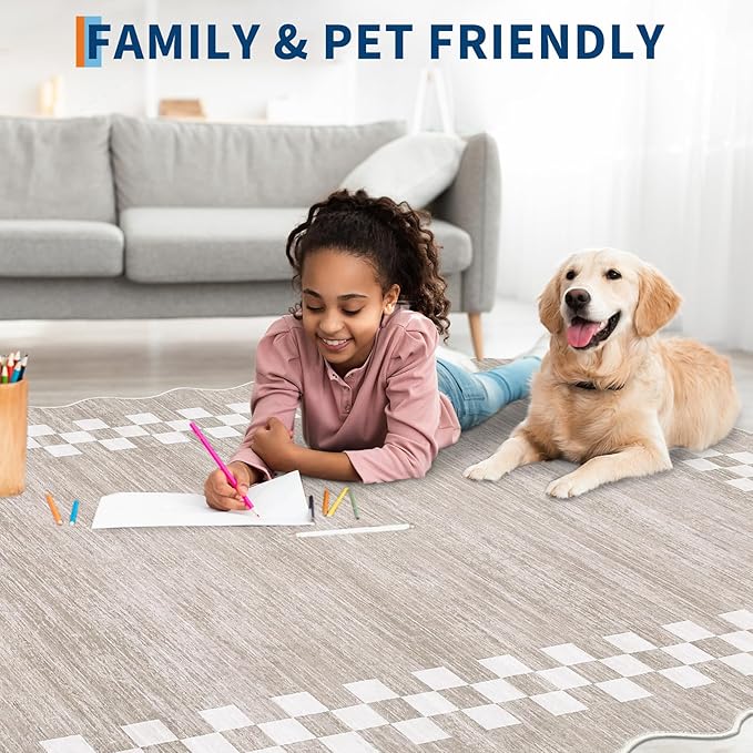 GarveeHome Area Rug 6x9 Large Living Room Modern Border Throw Rug | with Rubber Backing Stain Resistant Dining Room Throw Carpet Washable Scalloped Rug for Bedroom Home Decor Office, Fog