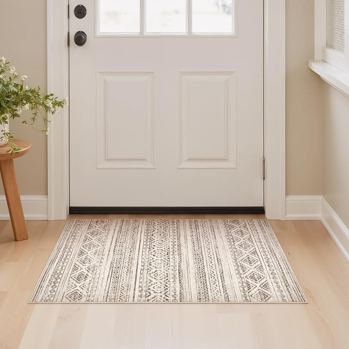 cotiled Washable 2x3 Entryway Rugs: Boho Moroccan Soft Small Rug | Solve Modern Neutral Trendy Home Decor - Stain Resistant for Bathroom Entryway Kitchen Laundry Dark Brown