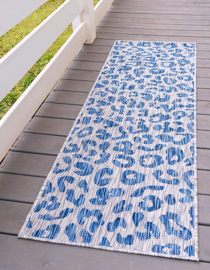 Unique Loom Outdoor Safari Collection Area Rug - Leopard (2' x 6' 1" Runner, Blue/ Gray)