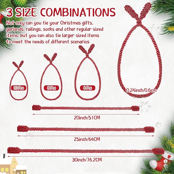 Zhengmy 24 Pcs Christmas Garland Ties Extra Long 30'' 25'' 20'' Red Decorative Twist Tie for Banister Reusable Flexible Twist Tie for Garland Stairway Railing Home Xmas Holiday Decor