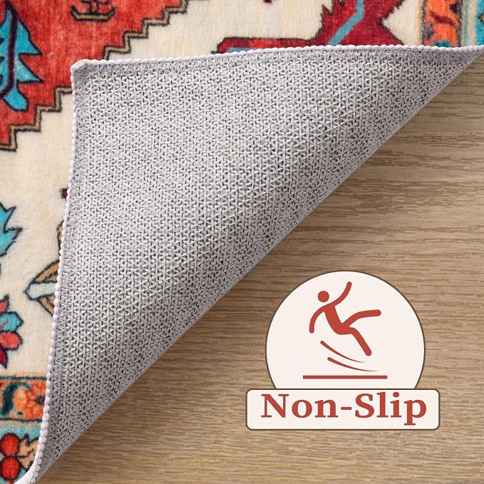 SERISSA 5ft Washable Non Slip Round Boho Area Rug for Bedroom，Orange | Ultra Soft Vintage Oriental Carpet Low-Pile Tribal Circular Indoor Mat for Entryway Kids Room College Dorm Living Room
