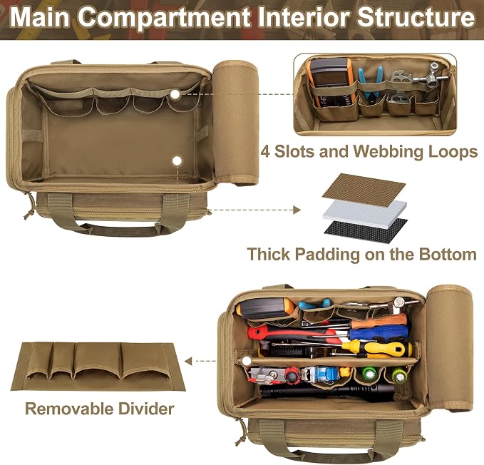 Rexmica 12-Inch Tool Bag with Anti-friction Bottom, Hand Tool Storage Organizer Bag for Men, Tactical Range Bag, Multi-purpose Work Tote for Repairman, Electrician, Carpenters, Handyman, Khaki