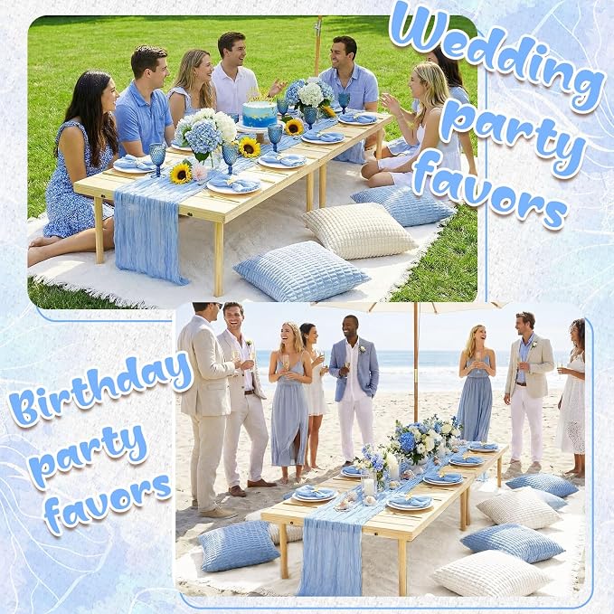 Beeveer 14 Pack Picnic Kit 91x71 Inch Extra Large Outdoor Boho Picnic Blanket with Light Blue Table Runner, 6 Throw Pillow Cover 6 Napkin Woven Cotton Yarn Washable Beach Blanket for Camp Wedding