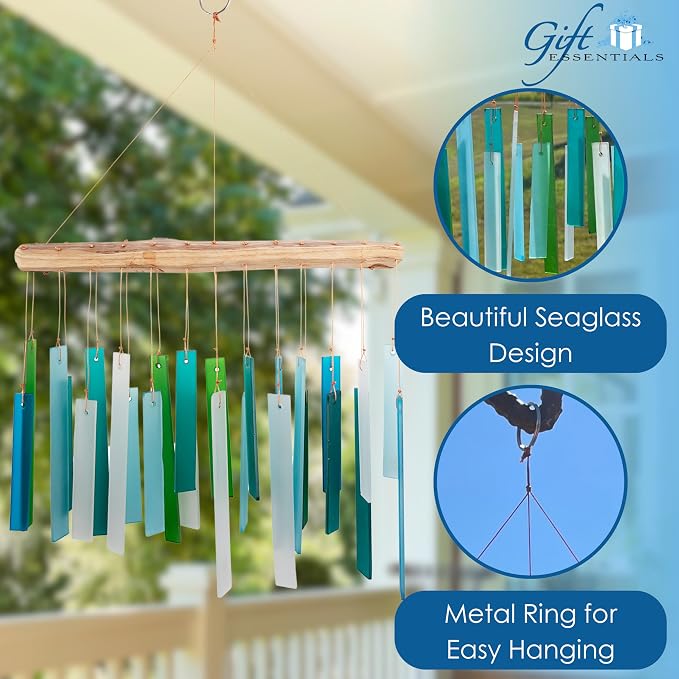 Blue Handworks Sea Glass and Driftwood Chime | Sandblasted Glass and Found Wood Hand Crafted Wind Chime