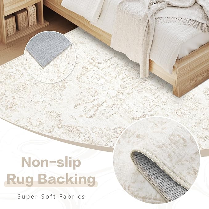 6x9 Area Rugs for Living Room: Washable Rug Vintage Large Rugs Soft Non Slip Low Pile Rug Floral Distressed Floor Carpet for Bedroom Kitchen Nursery Dining Room Home Office (Beige, 6'x9')