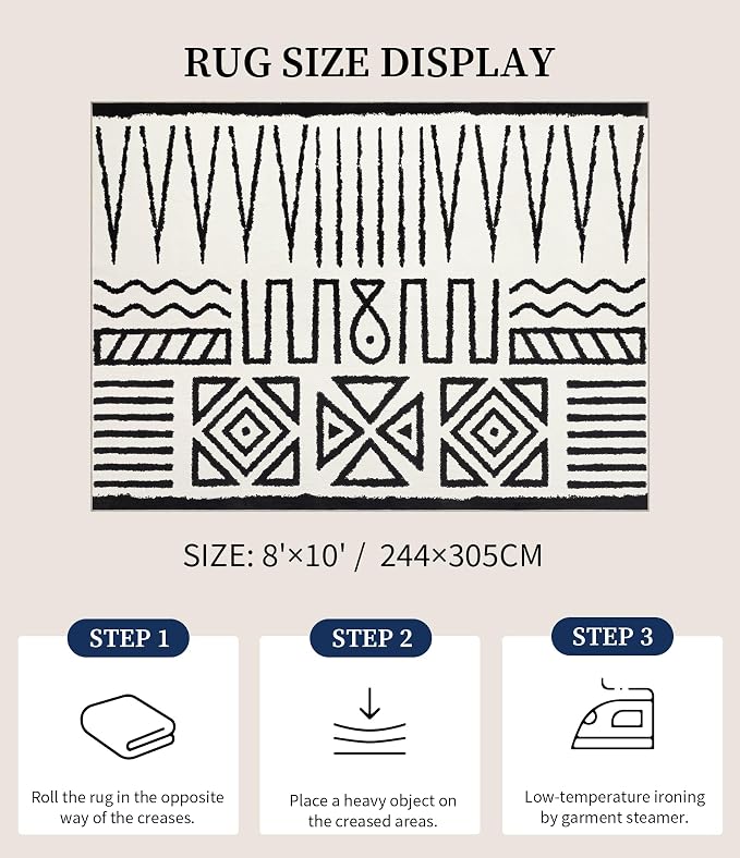 Living Room Rug 8x10- Black and Cream Rug for Bedroom Dining Room, Abstract Modern Washable Non-Slip Ultra-Thin Area Rug Symbol,8x10ft