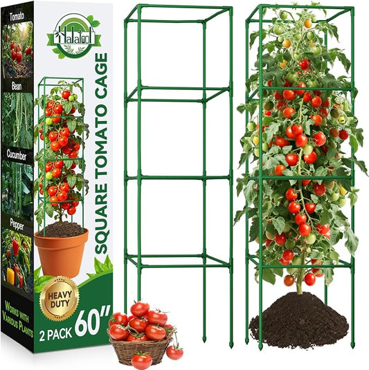 Halatool 2 Pack 60 Inches Square Tomato Cages for Garden, Heavy Duty Adjustable Metal Tomato Trellis for Climbing Plants – Green Plant Support Stakes for Vegetables Flowers Fruits & Raised Bed Outdoor