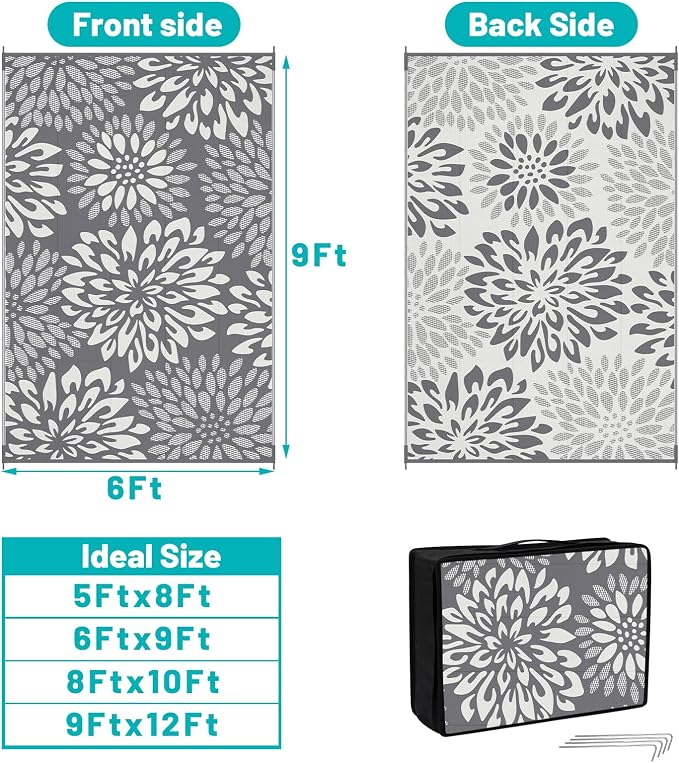 HEBE Waterproof Outdoor Rug 6x9 for Patios, Floral Reversible Plastic Straw Rug Patio Mat, Indoor Outdoor Carpet RV Mat Camping Rug for Deck, Camper, Porch, Balcony, Backyard, Picnic