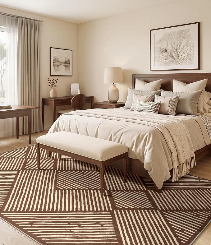 5‘x7' Washable Brown Stripe Area Rug for Living Room | Non-Slip, Soft, Low Pile, Stain Resistant, Earth Tone Geometric Rug for Bedroom Dining Room