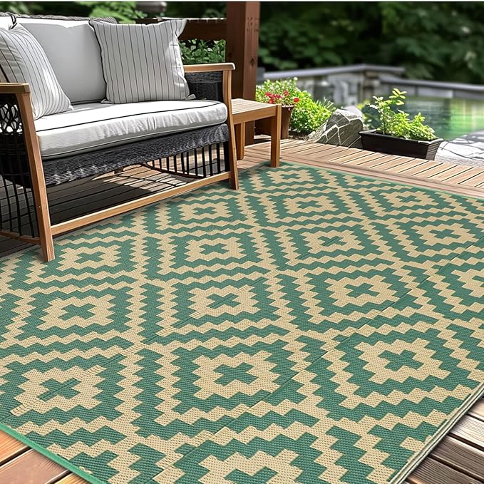 Outdoor Patio Plastic Straw Rug - 4x6 ft Outdoor Camping Rug Waterproof Reversible, Area Carpet Patios RV, Outside Porch Balcony Deck for Camper, Green & Yellow