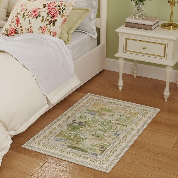 Rugcomf 2x3 Rug Impressionist-Style Vintage Indoor Door Mat Machine Washable Small Area Rug Non-Slip Low Pile Throw Rugs for Entryway Kitchen Front Door Indoor Entrance Entry Kids Room, Beige