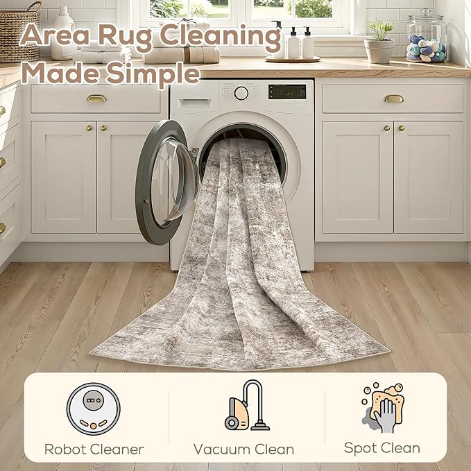 Nakagishi 10X14 Abstract Washable Area Rugs for Living Room-Brown | Modern Non-Slip Silicone Backing Low Pile Soft Carpet for Bedroom Dining Decor Ideal for Families with Kids and Pets