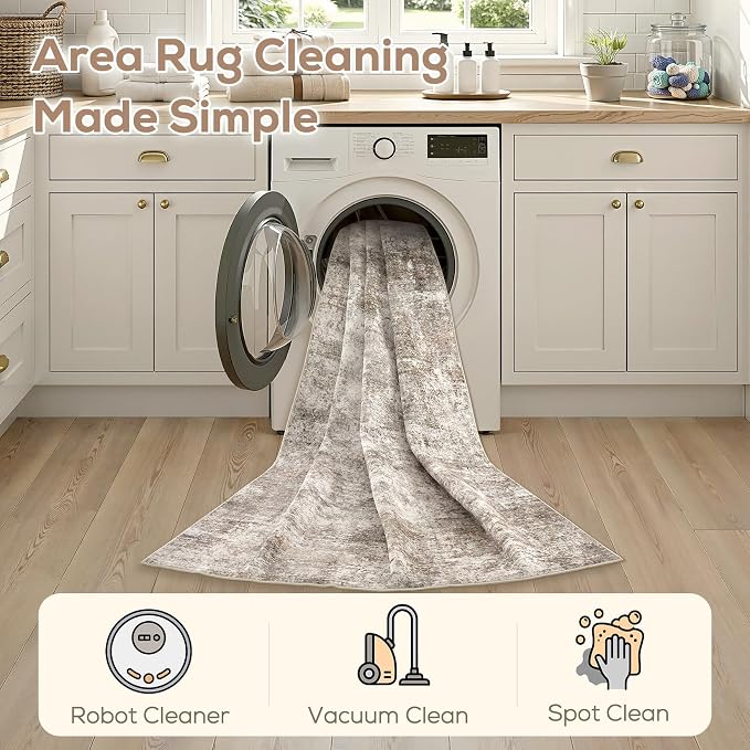 Nakagishi 5X7 Abstract Washable Area Rugs for Living Room-Brown | Modern Non-Slip Silicone Backing Low Pile Soft Carpet for Bedroom Dining Decor Ideal for Families with Kids and Pets