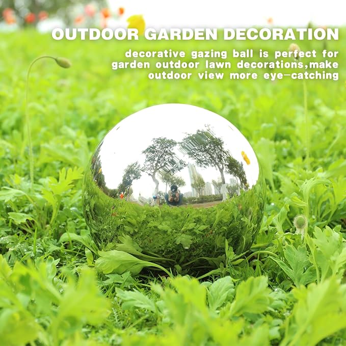VCUTEKA Gazing Ball, 10" Stainless Steel Silver Garden Globes Outdoor Decor | Reflective stainless steel gazing ball with silver mirror finish that creates striking focal point Lawn indoors or outdoors