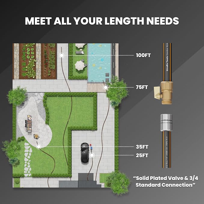 Giraffe Tools Hybrid Garden Hose 25ft x 5/8", Female and male Fittings with Shut off Valve, Heavy Duty, Flexible,Leakproof, Lightweight Water Hose