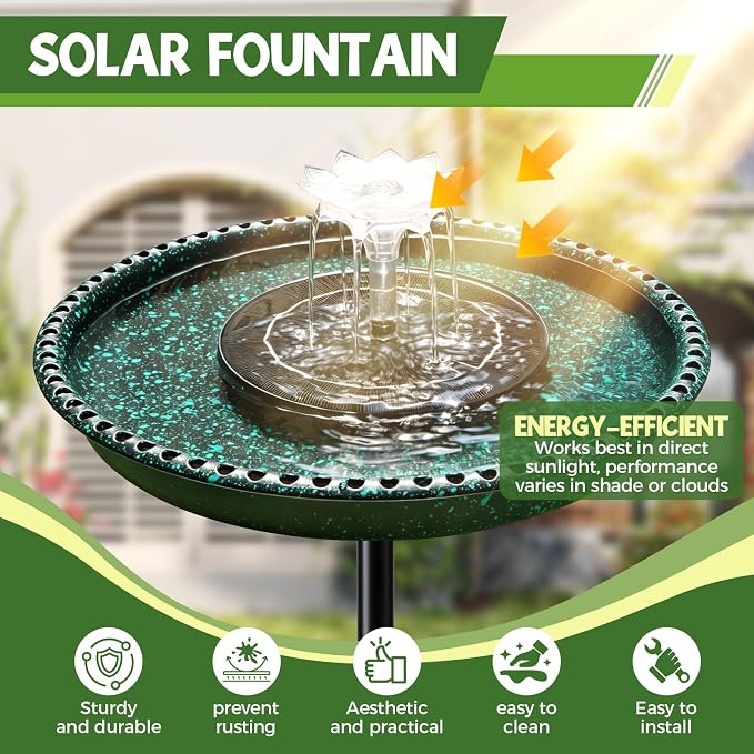 Bird Bath with Solar Powered Fountains for Hummingbirds,Stable Stylish Design with 5-Prong Base Stake Plastic Bird Bath for Outside Lawn Patio Yard Garden
