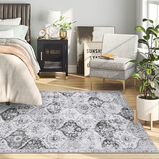 Lahome Moroccan Washable Small Area Rug, 3x5 Rugs for Bedroom Living Room | Trellis Non-Slip Oriental Accent Throw Carpet for Kitchen Office Entryway Bathroom Office Elise, Silver Grey
