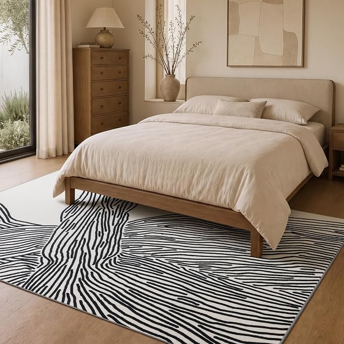6x9 Ft Washable Area Rug, Black and Cream White Zebra Rug for Living Room | Modern Abstract Zebra 6x9 Rug with Soft Low Pile and Non-slip Backing; Machine Washable for Living Room, Bedroom, Dining Area