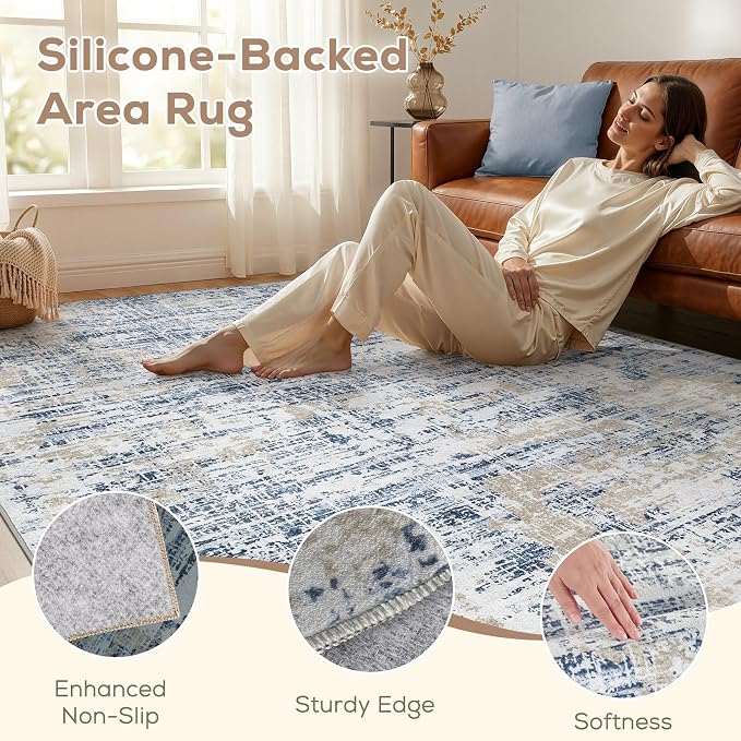Nakagishi 6X9 Abstract Washable Area Rugs for Living Room-Blue Golden | Modern Non-Slip Silicone Backing Low Pile Soft Carpet for Bedroom Dining Decor Ideal for Families with Kids and Pets