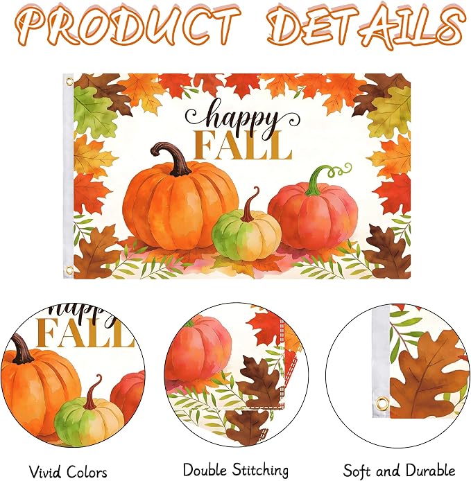 Fall Flag 3x5 Ft Double Sided Happy Fall Banner with White Header Tube & 2 Brass Grommets, Double Stitched Pumpkin Maple Leaf Thanksgiving Decorations for Yard Garden Porch Rustic Holiday Decor