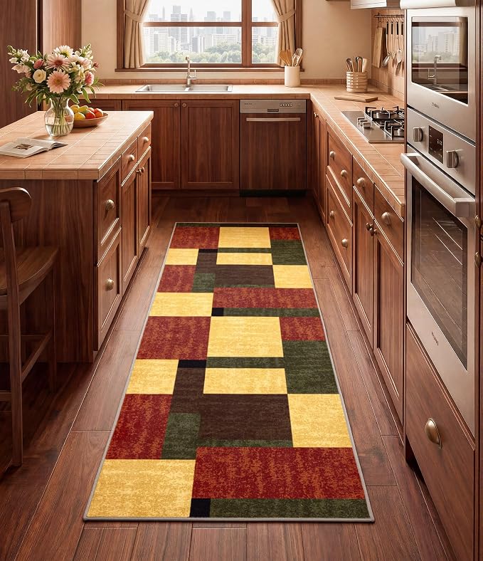 Red and Green Runner Rug 2x6 for Hallway, Burgundy Farmhouse Vintage Rugs Washable,Burnt Orange Area Rug Non Slip,Geometric Boho Area Rug for Kitchen