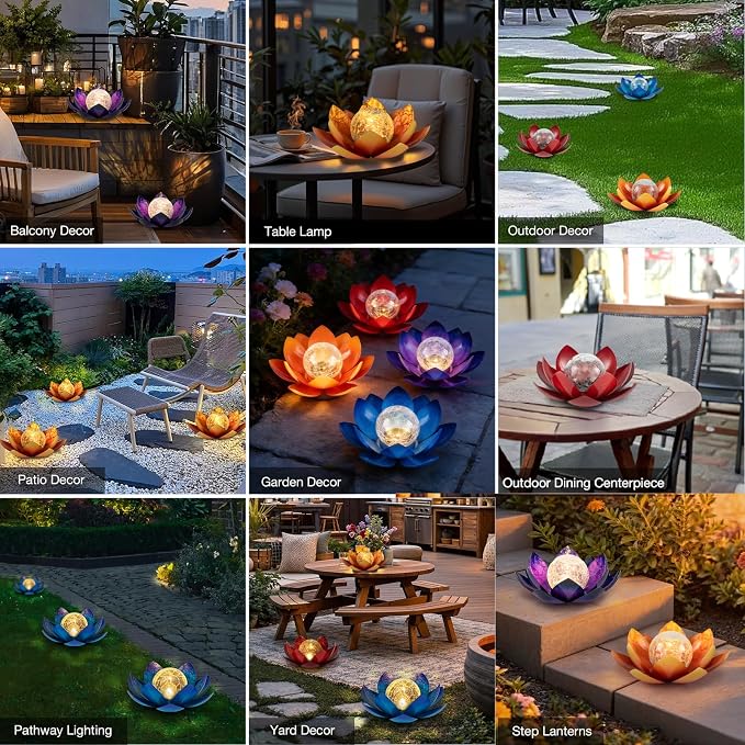 Huaxu Solar Lights Outdoor Garden Decoration Crackle Globe Glass Waterproof LED Metal Orange Lotus Flowers Gift for Mom,Women,Patio,Lawn,Walkway,Tabletop,Ground