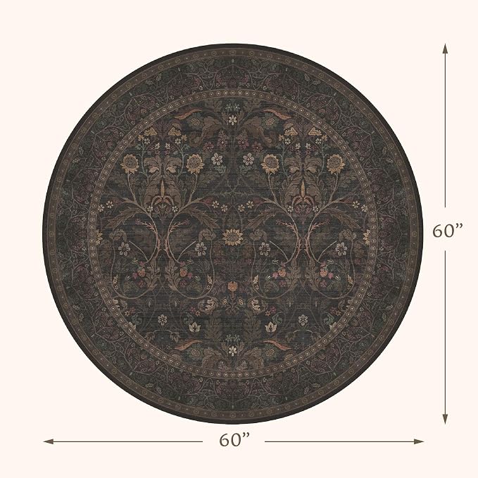 5ft Round Small Living Room Area Rug Washable, Moody Cottagecore Floral Circle Rug, Dark Brown Botanical Small Carpet with Non-Slip Backing, Low Pile Soft Floor Decor for Reading Corner, Entryway